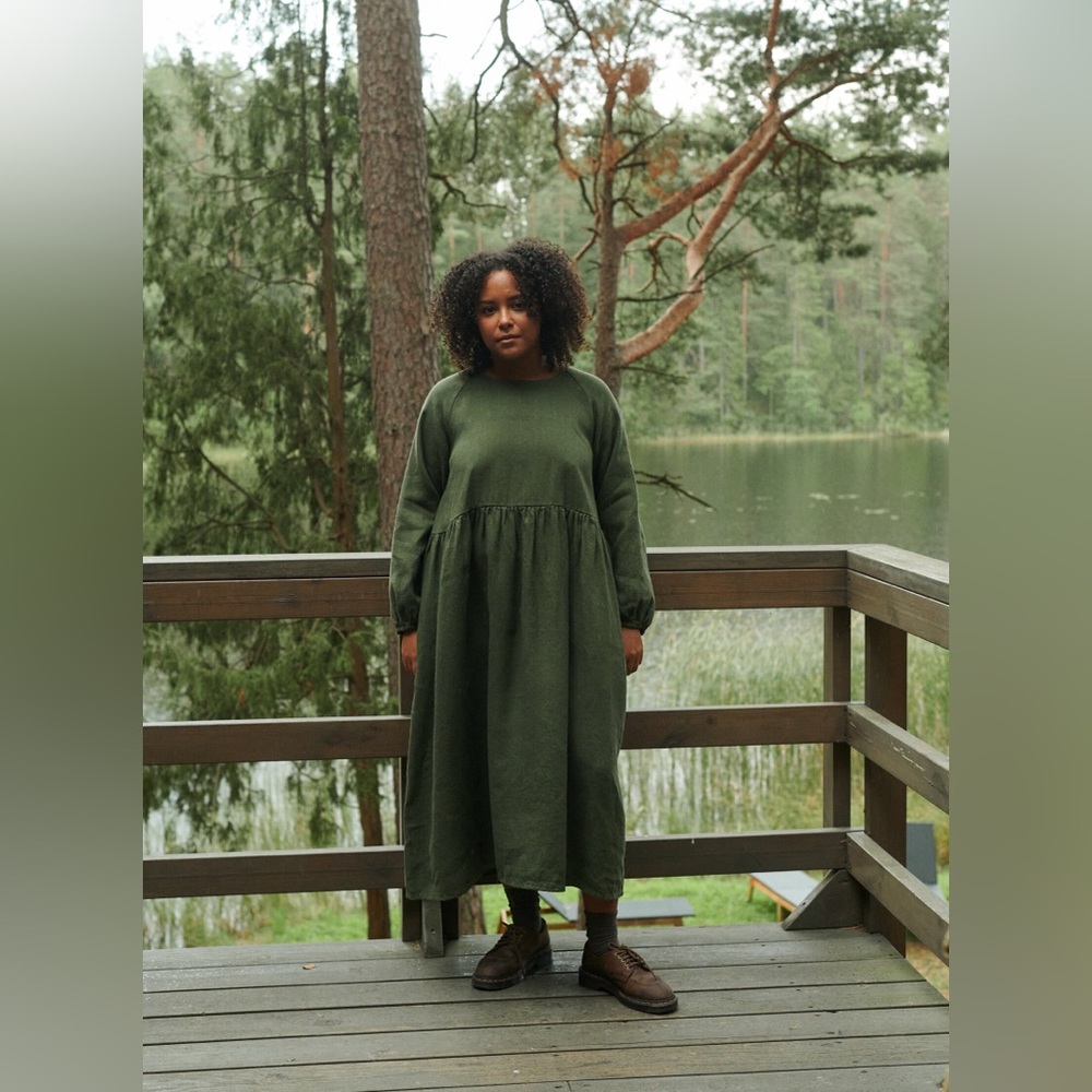 Linenfox Olive Green Long Sleeve Linen Maxi Dress